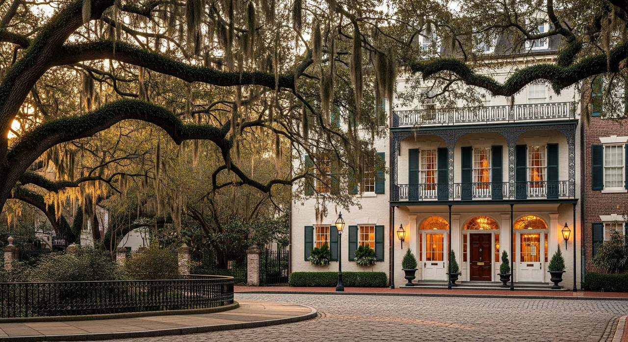 A stately Savannah mansion at dusk with double-tiered wrought-iron balconies and glowing windows, framed by a live oak draped in Spanish moss over a cobblestone street