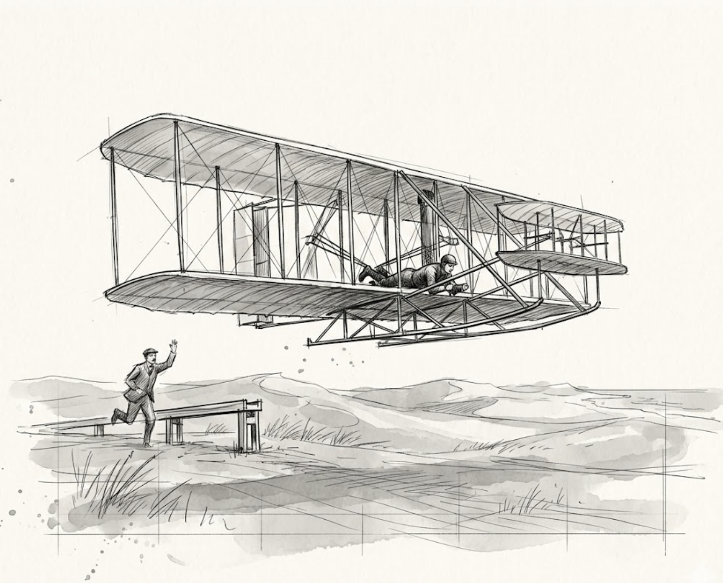 Watercolor sketch of the Wright Brothers' first flight